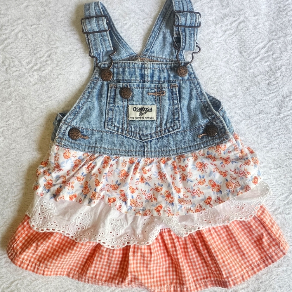 OshKosh B'gosh Blue and Orange Denim Overall Dress 6 Months Like NEW